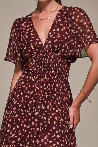 Chiffon Tie Back Detail Midi Dress, Burgundy Abstract