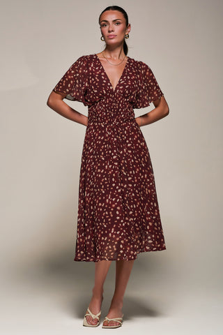 Chiffon Tie Back Detail Midi Dress, Burgundy Abstract