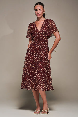 Chiffon Tie Back Detail Midi Dress, Burgundy Abstract