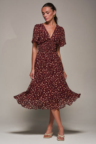 Chiffon Tie Back Detail Midi Dress, Burgundy Abstract