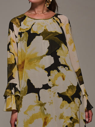Chiffon Long Sleeve Shift Maxi Dress, Black Floral