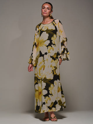 Chiffon Long Sleeve Shift Maxi Dress, Black Floral