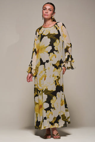 Chiffon Long Sleeve Shift Maxi Dress, Black Floral