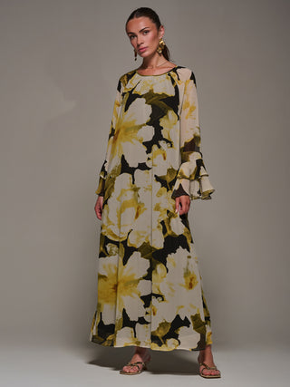 Chiffon Long Sleeve Shift Maxi Dress, Black Floral