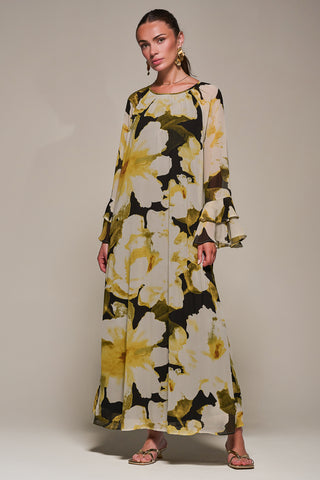 Chiffon Long Sleeve Shift Maxi Dress, Black Floral