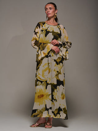 Chiffon Long Sleeve Shift Maxi Dress, Black Floral