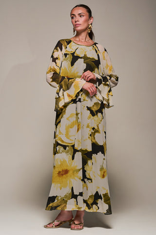Chiffon Long Sleeve Shift Maxi Dress, Black Floral
