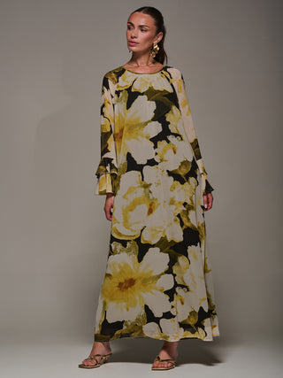 Chiffon Long Sleeve Shift Maxi Dress, Black Floral