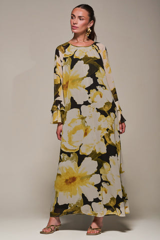 Chiffon Long Sleeve Shift Maxi Dress, Black Floral