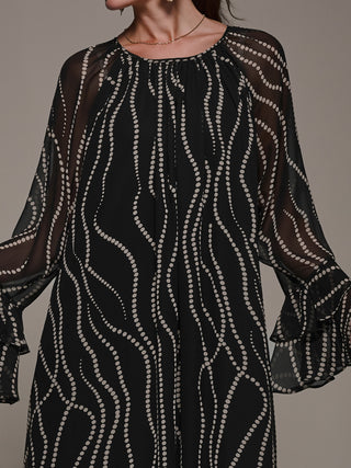 Chiffon Long Sleeve Shift Maxi Dress, Black Spot