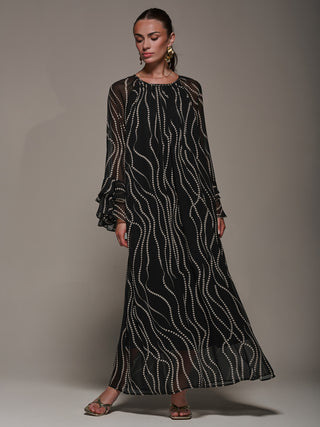 Chiffon Long Sleeve Shift Maxi Dress, Black Spot
