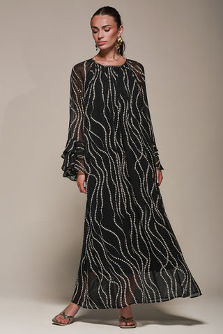 Chiffon Long Sleeve Shift Maxi Dress, Black Spot