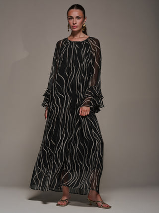 Chiffon Long Sleeve Shift Maxi Dress, Black Spot