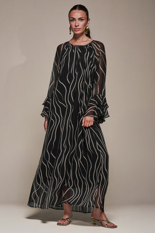 Chiffon Long Sleeve Shift Maxi Dress, Black Spot