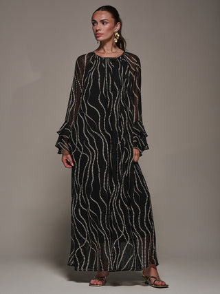Chiffon Long Sleeve Shift Maxi Dress, Black Spot