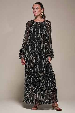 Chiffon Long Sleeve Shift Maxi Dress, Black Spot