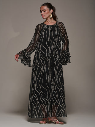 Chiffon Long Sleeve Shift Maxi Dress, Black Spot
