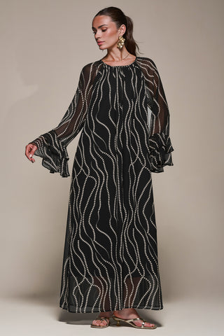 Chiffon Long Sleeve Shift Maxi Dress, Black Spot