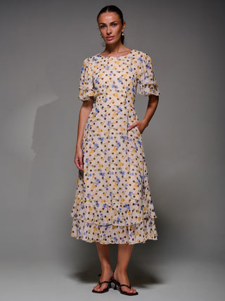 Frill Detail Chiffon Midaxi Dress, Beige Spot