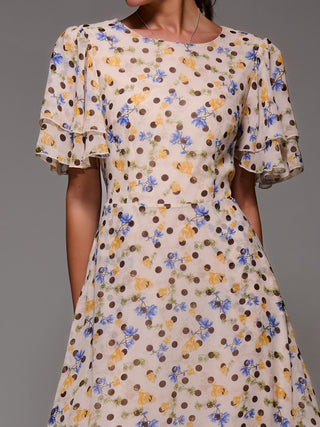 Frill Detail Chiffon Midaxi Dress, Beige Spot