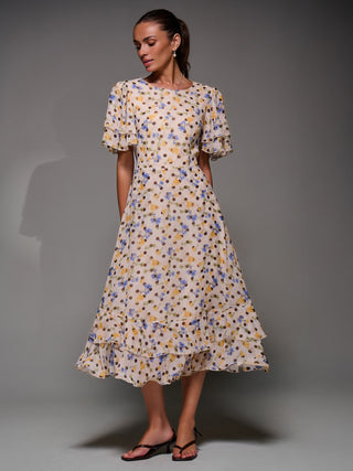 Frill Detail Chiffon Midaxi Dress, Beige Spot