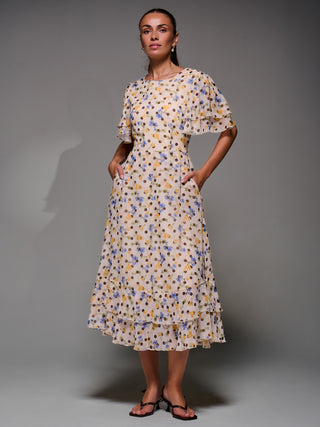 Frill Detail Chiffon Midaxi Dress, Beige Spot