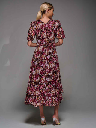Frill Detail Chiffon Midaxi Dress Burgundy Floral