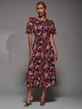 Frill Detail Chiffon Midaxi Dress Burgundy Floral