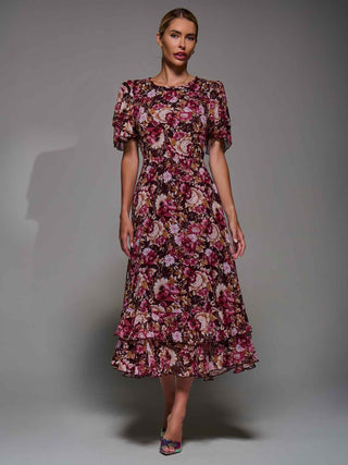 Frill Detail Chiffon Midaxi Dress Burgundy Floral