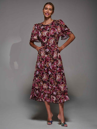 Frill Detail Chiffon Midaxi Dress Burgundy Floral