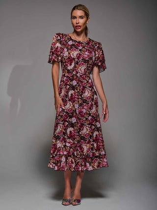 Frill Detail Chiffon Midaxi Dress Burgundy Floral