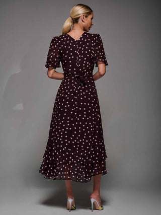 Frill Detail Chiffon Midaxi Dress Burgundy Spot
