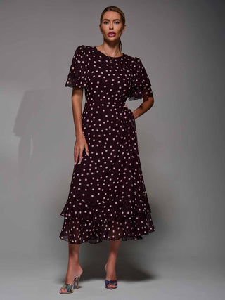 Frill Detail Chiffon Midaxi Dress Burgundy Spot