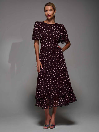 Frill Detail Chiffon Midaxi Dress Burgundy Spot