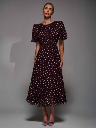 Frill Detail Chiffon Midaxi Dress Burgundy Spot