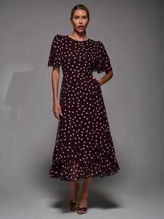 Frill Detail Chiffon Midaxi Dress Burgundy Spot
