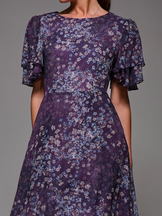 Frill Detail Chiffon Midaxi Dress, Purple Abstract