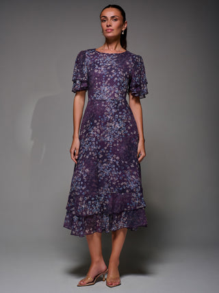 Frill Detail Chiffon Midaxi Dress, Purple Abstract
