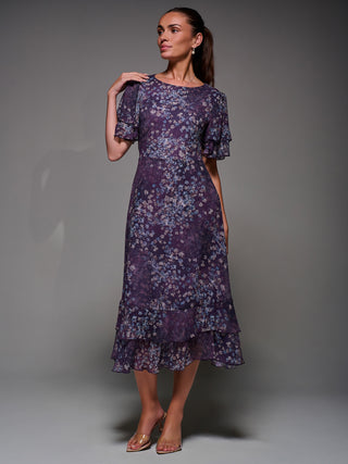 Frill Detail Chiffon Midaxi Dress, Purple Abstract