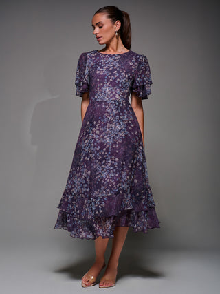 Frill Detail Chiffon Midaxi Dress, Purple Abstract