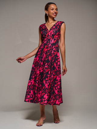 V-Neck Fit & Flare Scuba Midaxi Dress, Red Animal