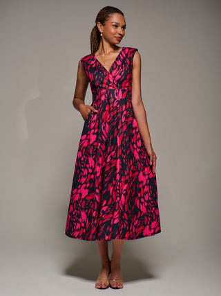 V-Neck Fit & Flare Scuba Midaxi Dress, Red Animal