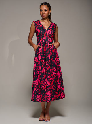 V-Neck Fit & Flare Scuba Midaxi Dress, Red Animal