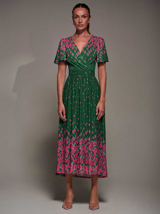 Mirrored Mesh Short Sleeve Midaxi Dress, Green Floral