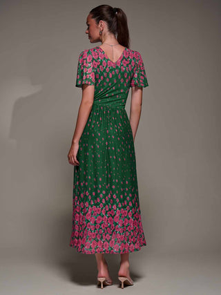 Mirrored Mesh Short Sleeve Midaxi Dress, Green Floral