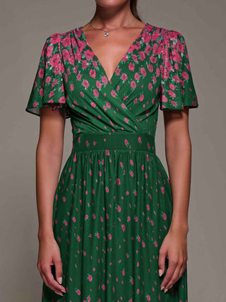 Mirrored Mesh Short Sleeve Midaxi Dress, Green Floral