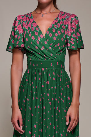 Mirrored Mesh Short Sleeve Midaxi Dress, Green Floral