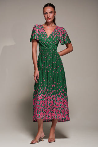 Mirrored Mesh Short Sleeve Midaxi Dress, Green Floral