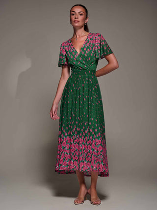 Mirrored Mesh Short Sleeve Midaxi Dress, Green Floral