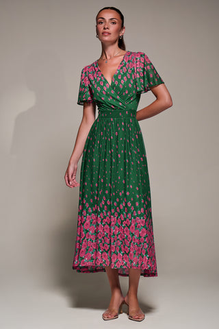 Mirrored Mesh Short Sleeve Midaxi Dress, Green Floral